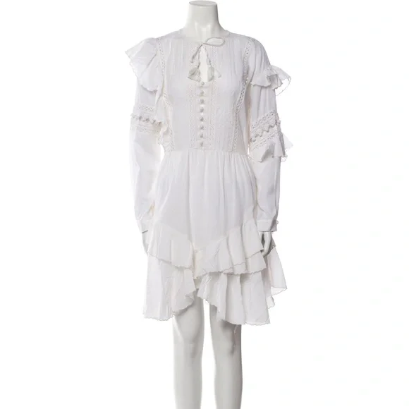 Sea New York Tie Neck Mini Dress White Size 4 Ruffle, Pom-Pom & Tassel Accents - Picture 13 of 14